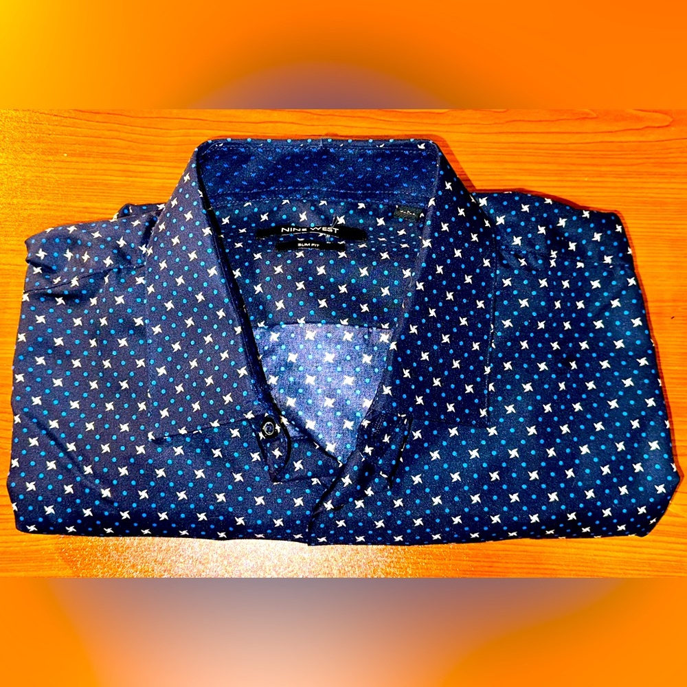 Nine West long sleeve Blue design dress shirt size L slim fit New $16